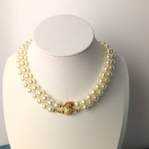 Vivienne Westwood Silver Double Layer Pearl Saturn Button Necklace